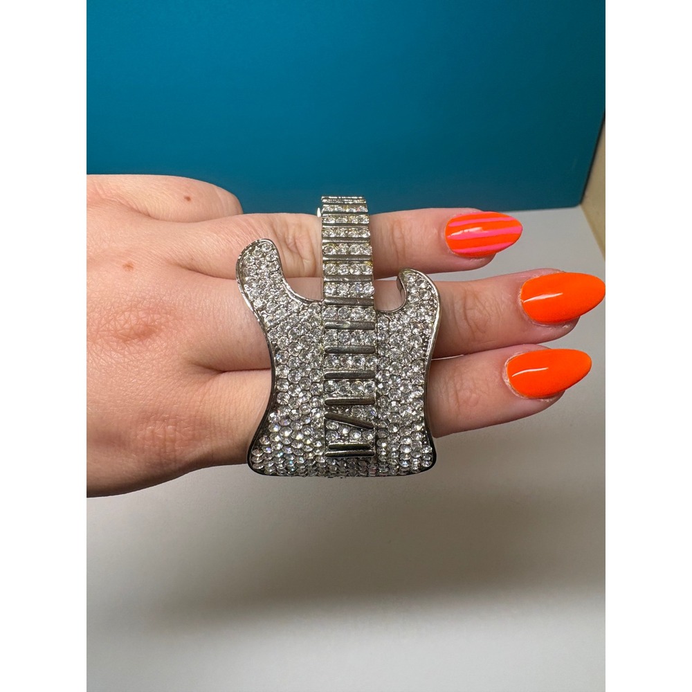 Electric Guitar Rhinestone Bangle Bracelet Silver Tone Rocker Glam Statement
